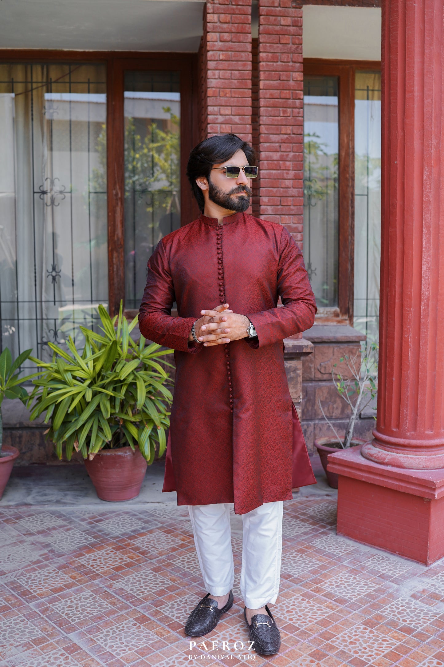 Front Open Maroon Jamavar Kurta