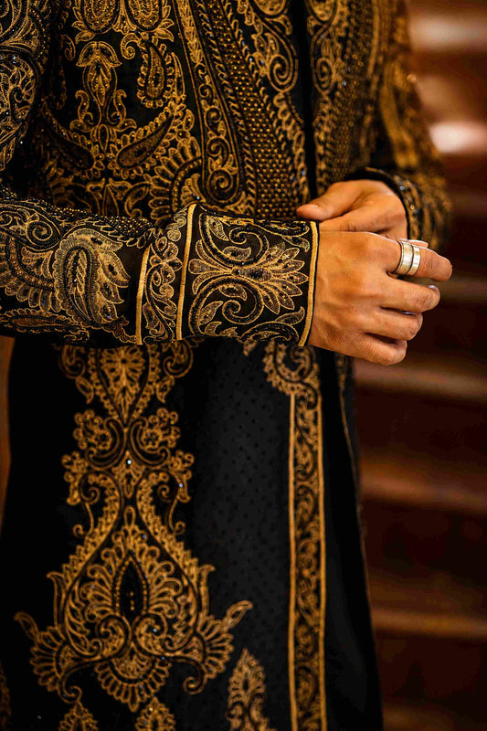 Majestic Black And Gold Heavily Embroidered Sherwani