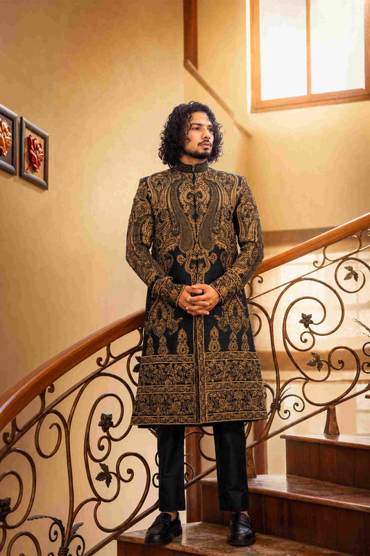 Majestic Black And Gold Heavily Embroidered Sherwani