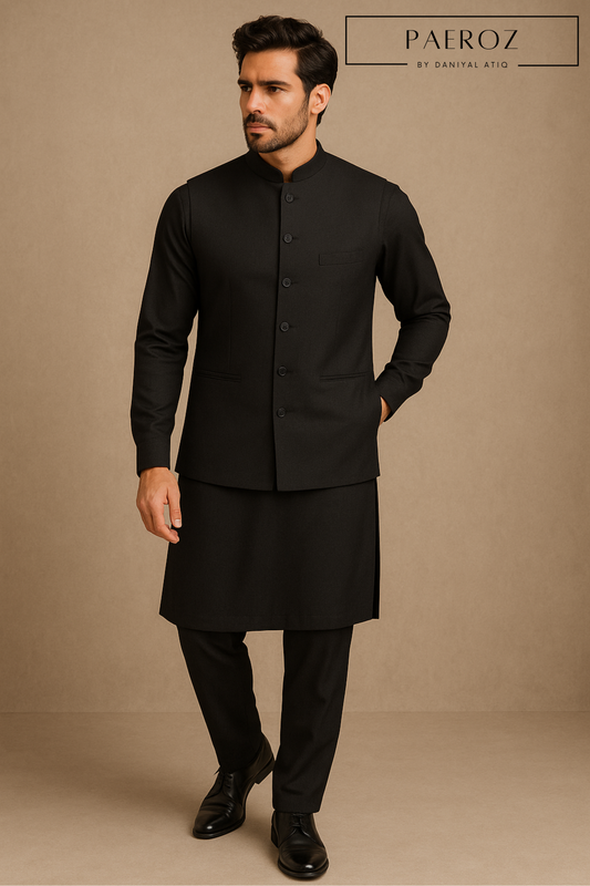 Jet Black Kurta Pajama with Matching Waistcoat – Premium 3-Piece Formal Set