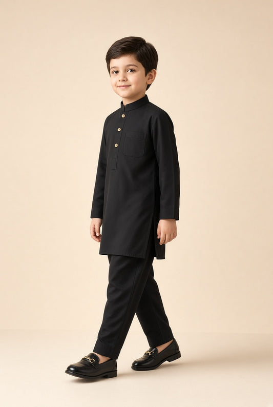 Jet Black Kurta Pajama — Kids