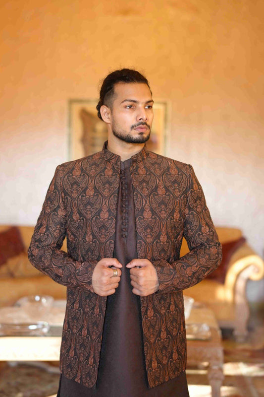 Premium Dark Brown Jacquard Prince Coat With Paisley Motifs