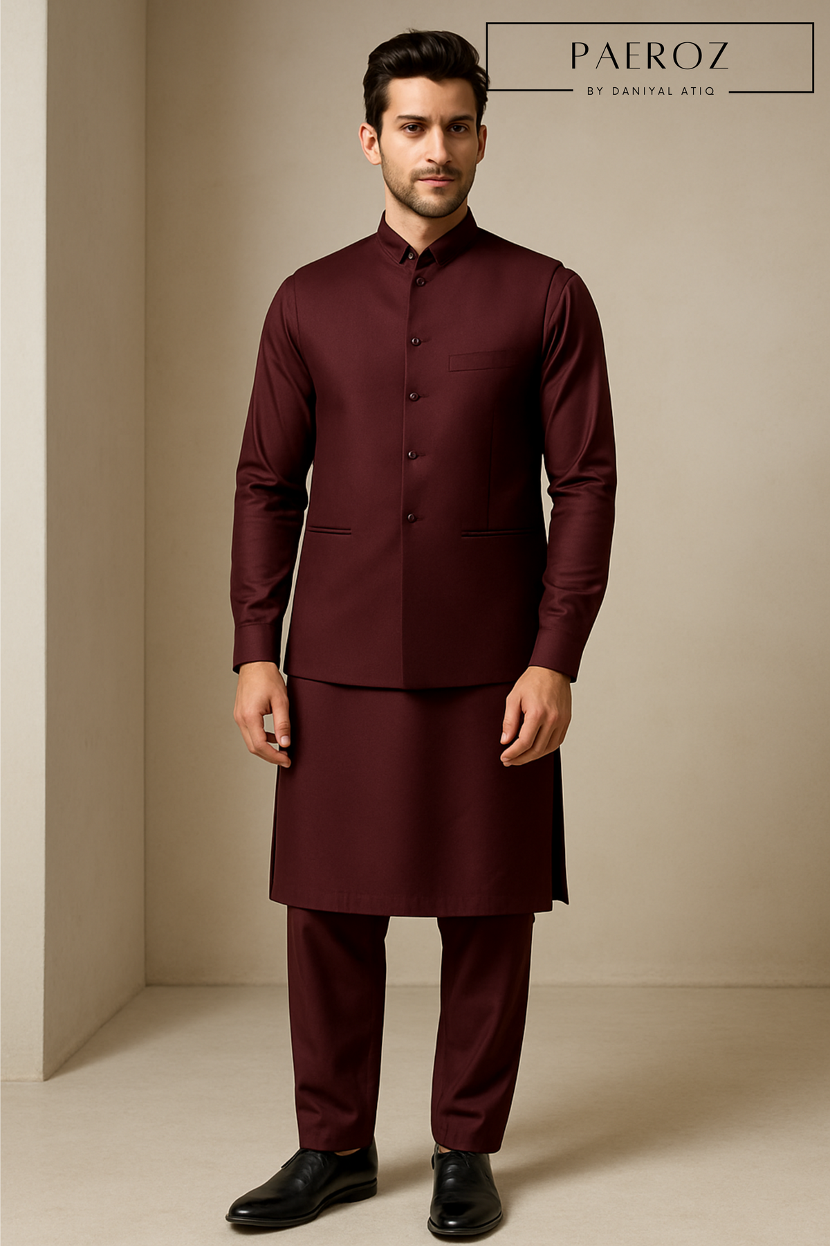 Burgundy Kurta Pajama with Matching Waistcoat – Deep Maroon 3-Piece Formal Set for Men