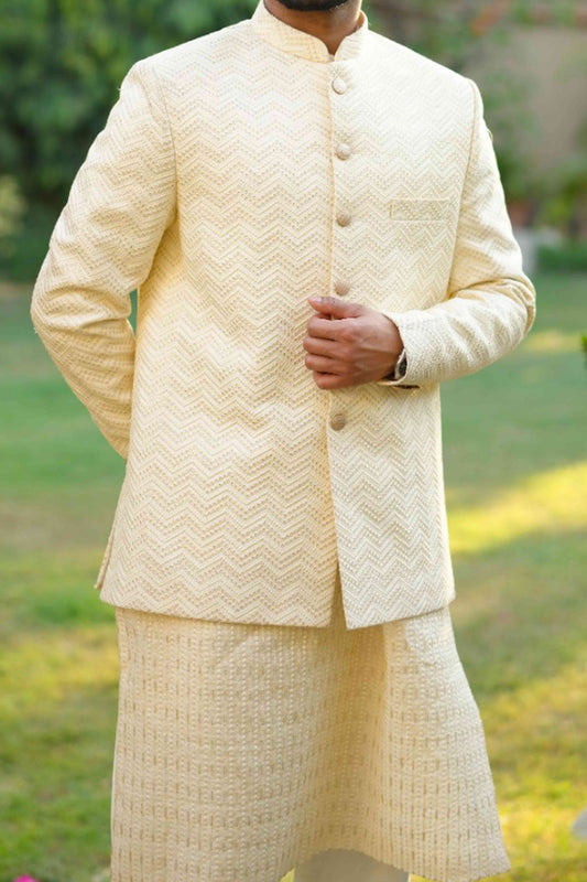 Elegant Pale Cream Chevron Textured Prince Coat