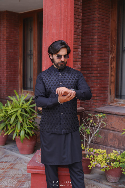BLACK JACKARD WORK WAISTCOAT ( WEDDING SPECIAL )