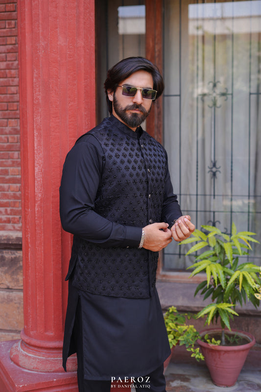 BLACK JACKARD WORK WAISTCOAT ( WEDDING SPECIAL )