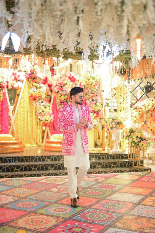 Royal Pink Embroidered Prince Coat Set – Wedding & Mehndi Wear