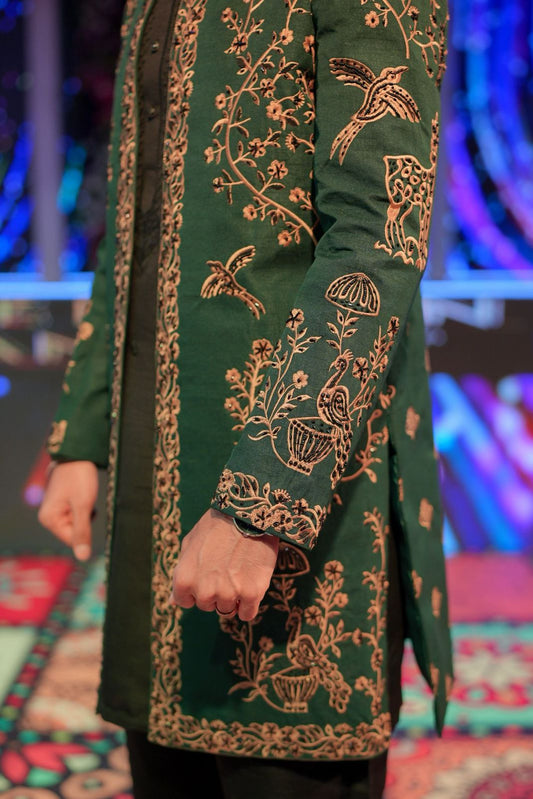 Bottle Green Front Open Long Coat with Thread & Cut Dana Embellishment