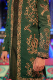 Bottle Green Front Open Long Coat with Thread & Cut Dana Embellishment