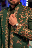 Bottle Green Front Open Long Coat with Thread & Cut Dana Embellishment