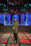 Bottle Green Front Open Long Coat with Thread & Cut Dana Embellishment