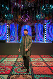 Bottle Green Front Open Long Coat with Thread & Cut Dana Embellishment