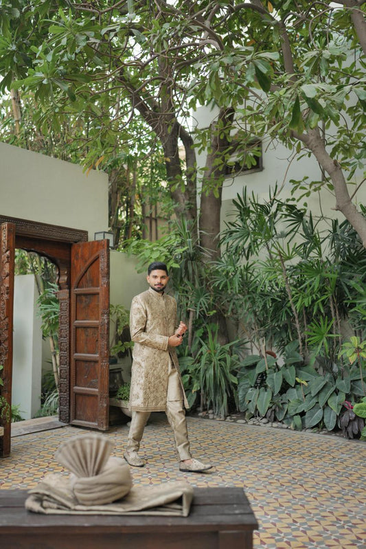 Golden Dark Hand-Work Sherwani – Royal Wedding Package