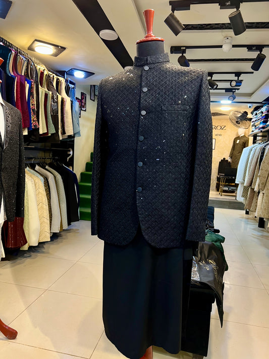Black Embroidered Prince Coat with Plain Metal Buttons – Timeless Formal Elegance