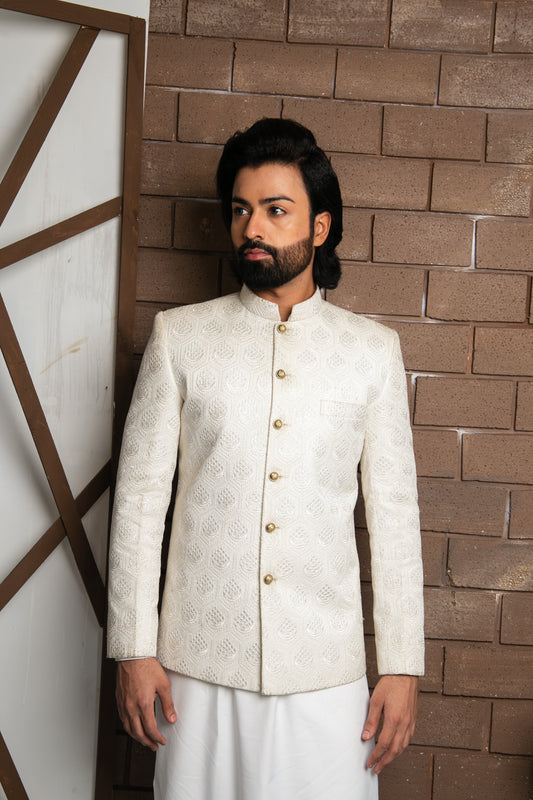 Elegant White Prince Coat with Intricate Embroidery