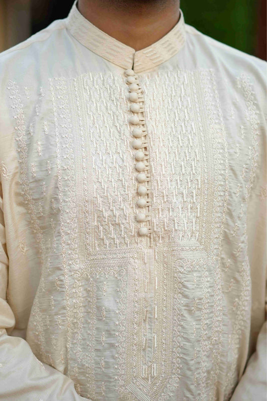 IVORY EMBROIDERED SHERWANI STYLE KURTA WITH POTLI BUTTONS