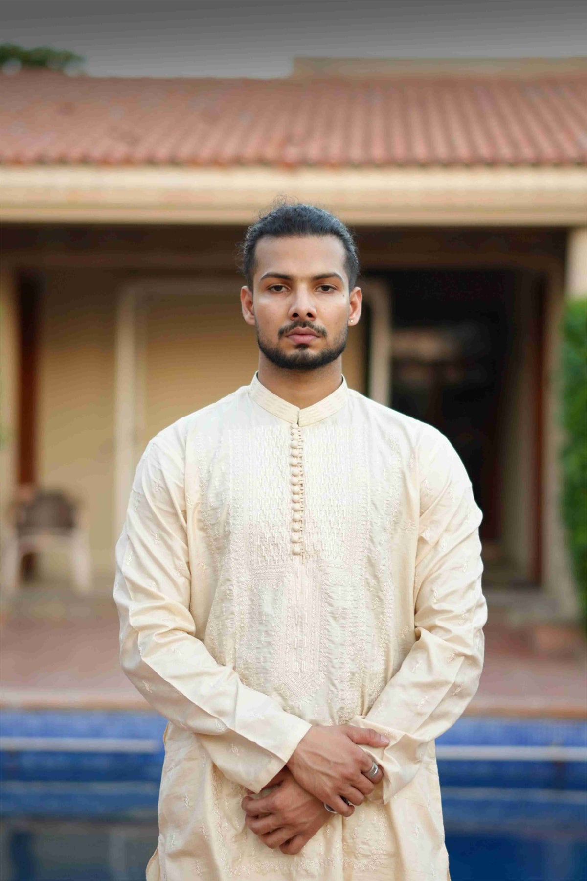 IVORY EMBROIDERED SHERWANI STYLE KURTA WITH POTLI BUTTONS