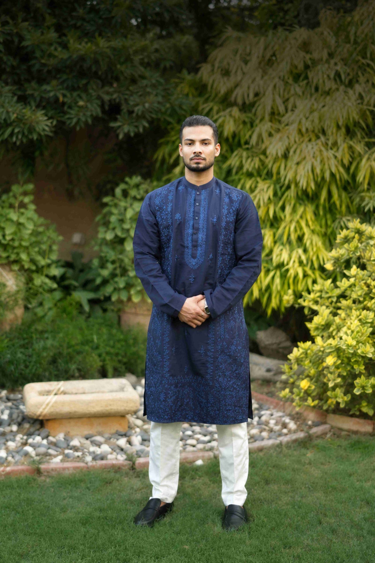 Deep Navy Blue Floral Embroidered Kurta With Ban Collar
