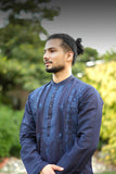 Deep Navy Blue Floral Embroidered Kurta With Ban Collar