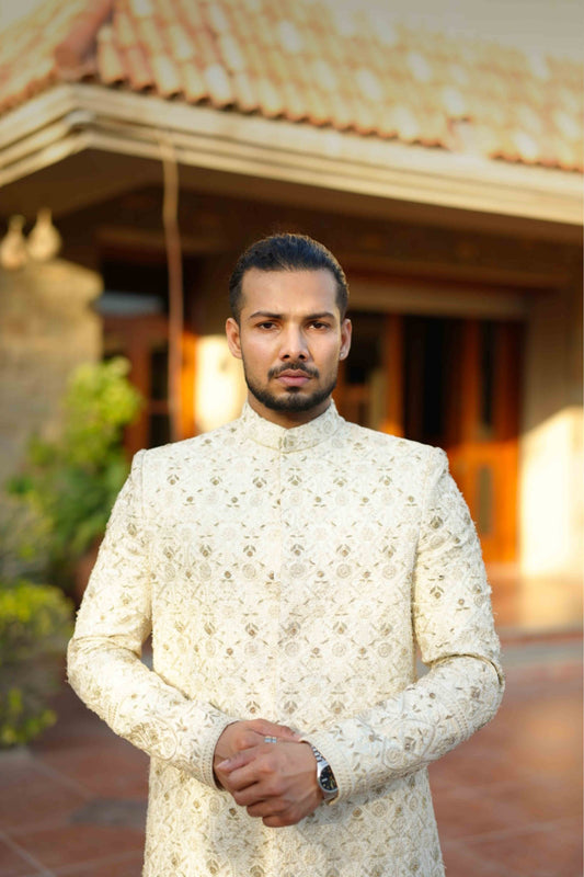 Premium Off-White Fully Embroidered Sherwani