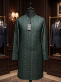 Bottle Green Geometric Embroidered Kurta with Ban Collar