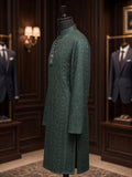 Bottle Green Geometric Embroidered Kurta with Ban Collar