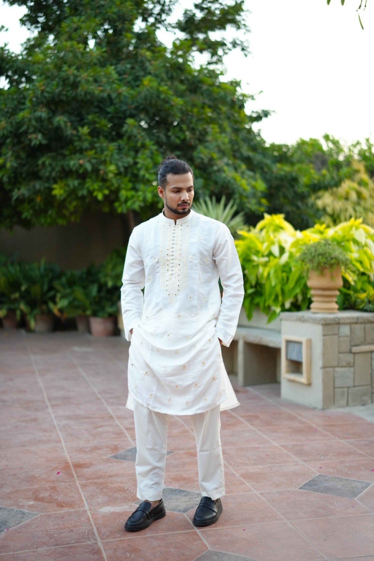 Pristine White Embroidered Kurta Pajama With Mirror Work & Ban Collar