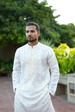 Pristine White Embroidered Kurta Pajama With Mirror Work & Ban Collar