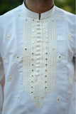 Pristine White Embroidered Kurta Pajama With Mirror Work & Ban Collar