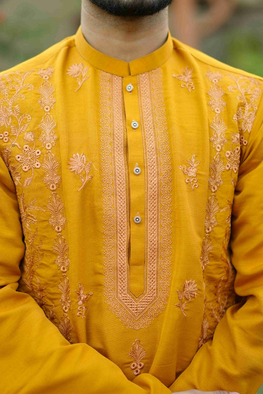 Vibrant Mustard Yellow Embroidered Kurta With Ban Collar