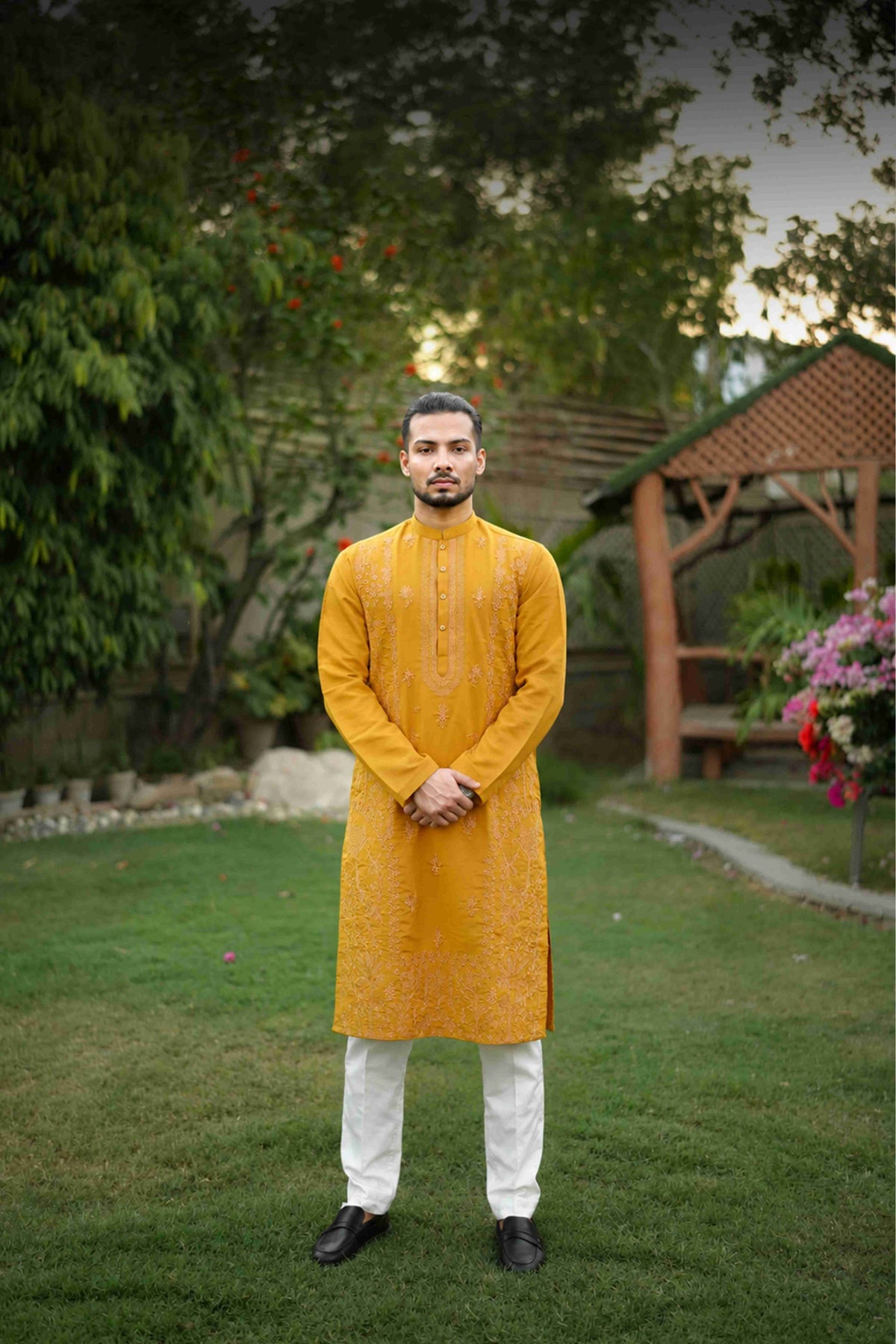 Vibrant Mustard Yellow Embroidered Kurta With Ban Collar