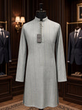 Ice Blue Sequin Stripe Kurta with Floral Embroidered Waistcoat