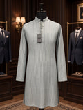 Ice Blue Sequin Stripe Kurta with Floral Embroidered Waistcoat
