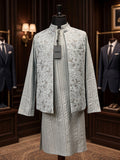 Ice Blue Sequin Stripe Kurta with Floral Embroidered Waistcoat