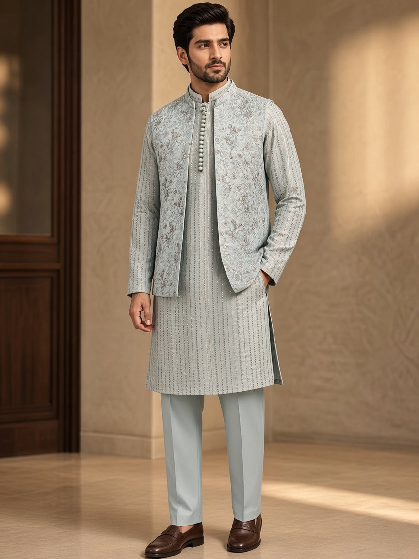 Ice Blue Sequin Stripe Kurta with Floral Embroidered Waistcoat